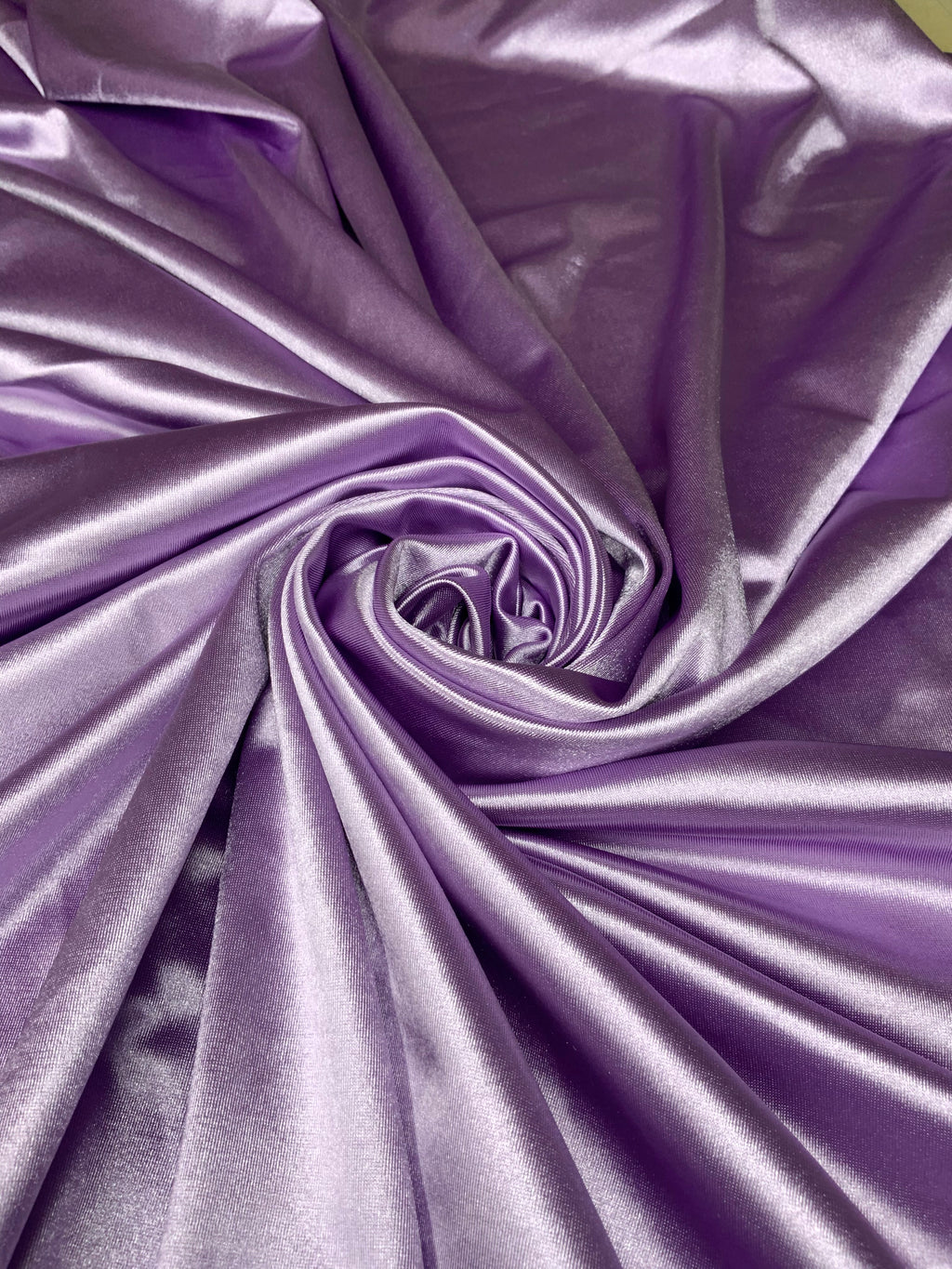 Lavender stretch satin fabric swatch for Pantora Maids bridesmaid dresses