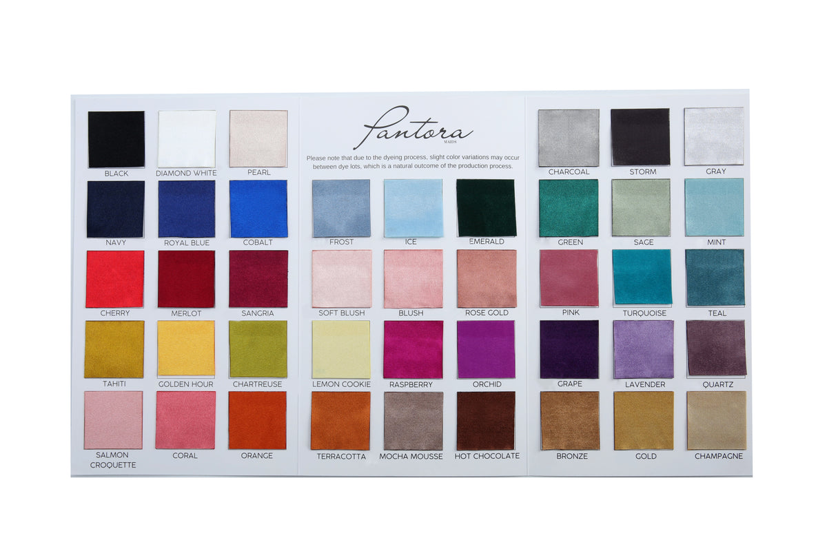 The Pantora Palette swatch book opened flat, with rows of satin colors from neutrals to brights