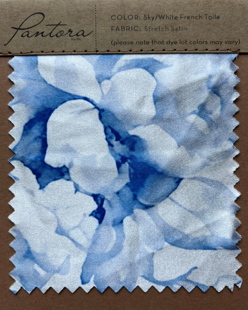 Printed stretch satin swatch in Sky/White French Toile