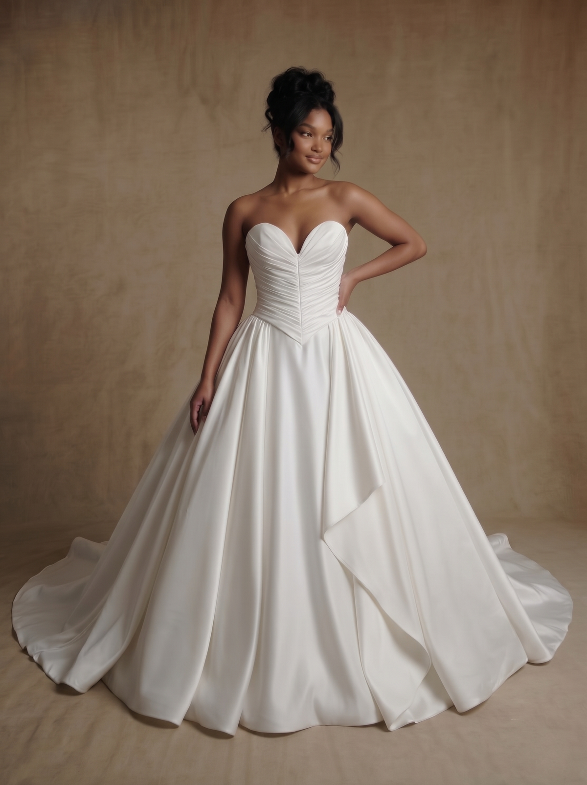 Alessandra strapless satin ballgown wedding dress with sweetheart neckline and cathedral train