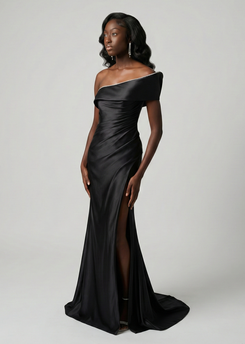 blinged out bridesmaid dresses Aries Asymmetrical Bling Gown with Ruching & Slit sizeFilter-20 Tailoring Time Color:Ivory And Black Mens Black Western Dress
