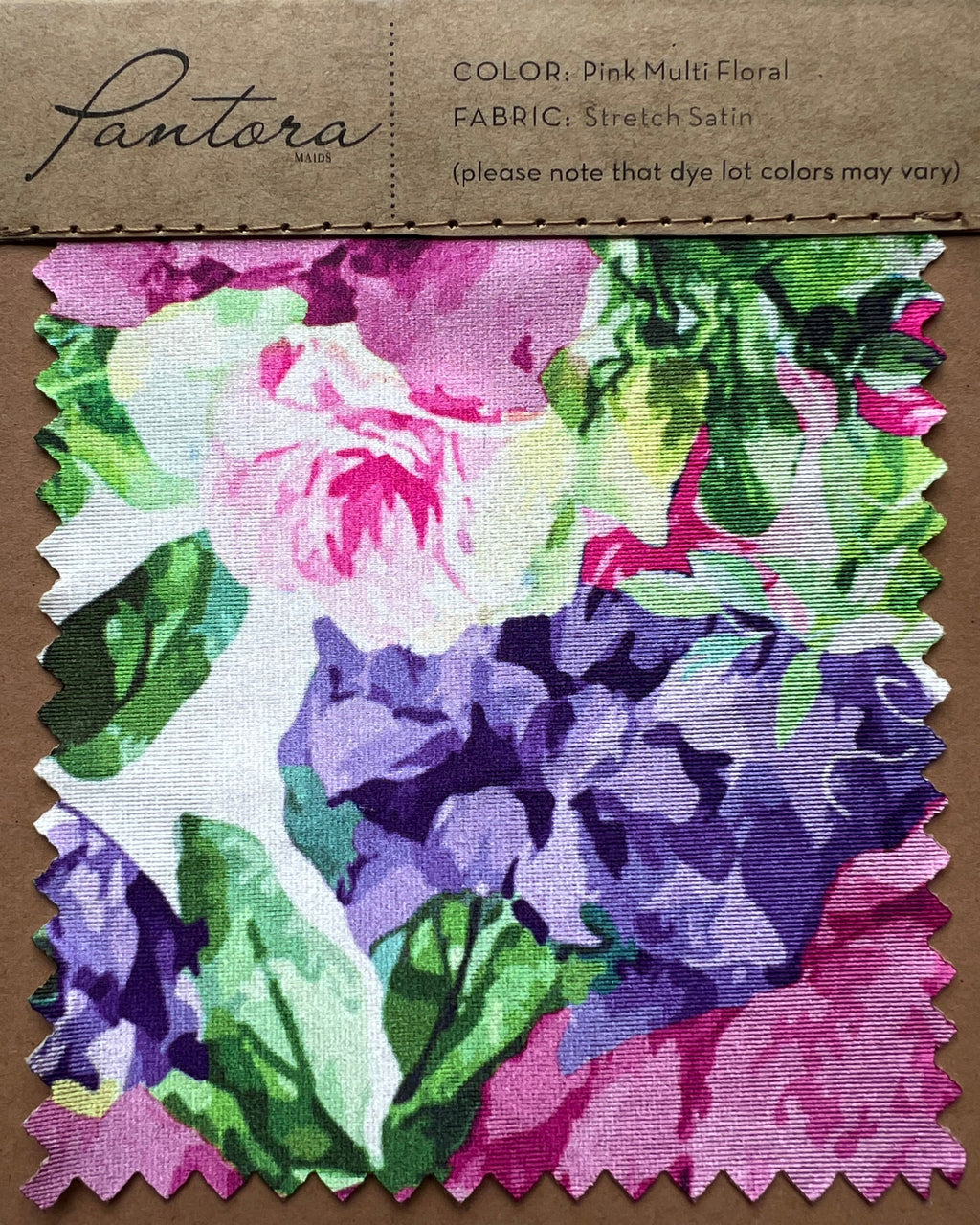 Printed stretch satin swatch in Pink Multi Floral