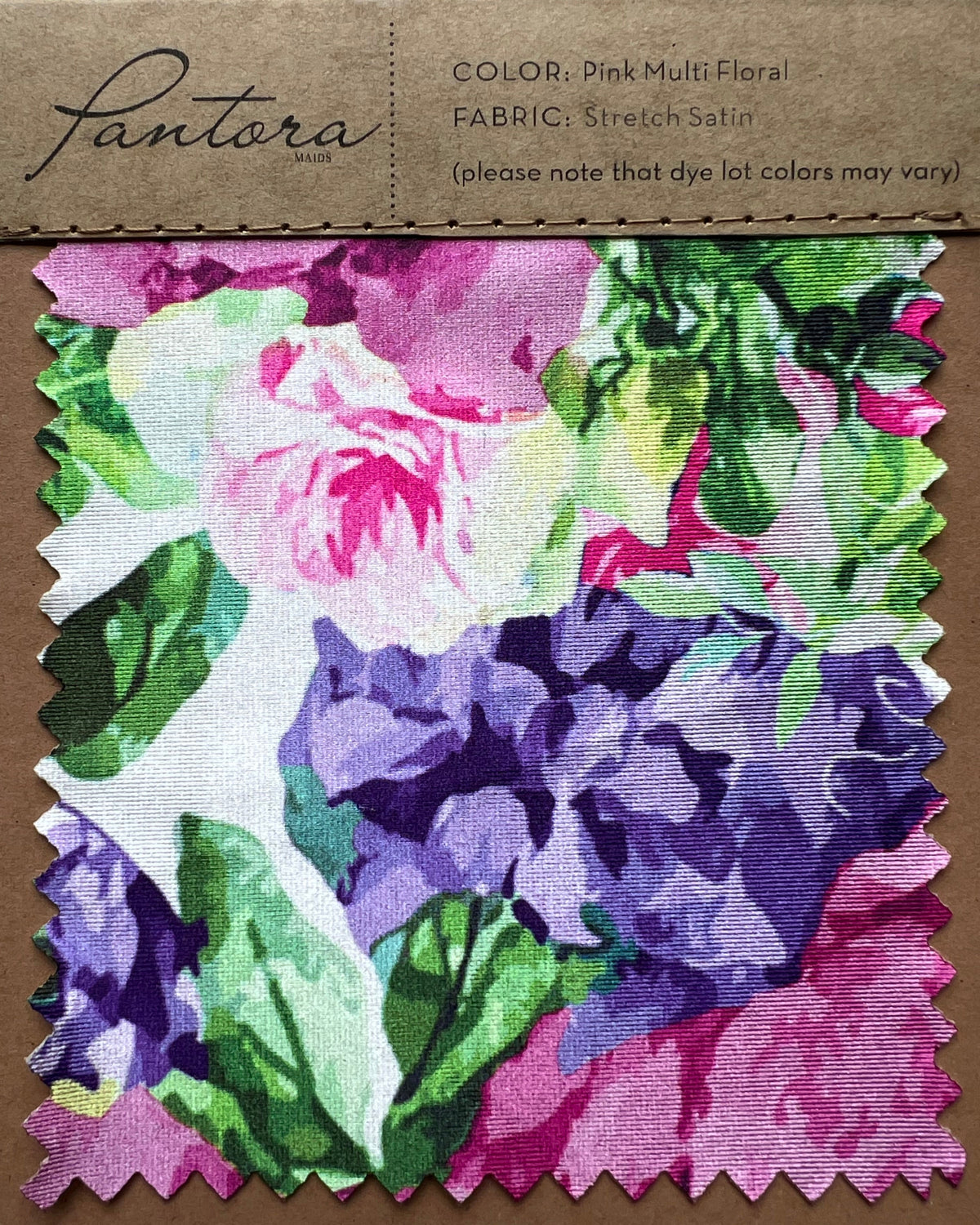 Printed stretch satin swatch in Pink Multi Floral