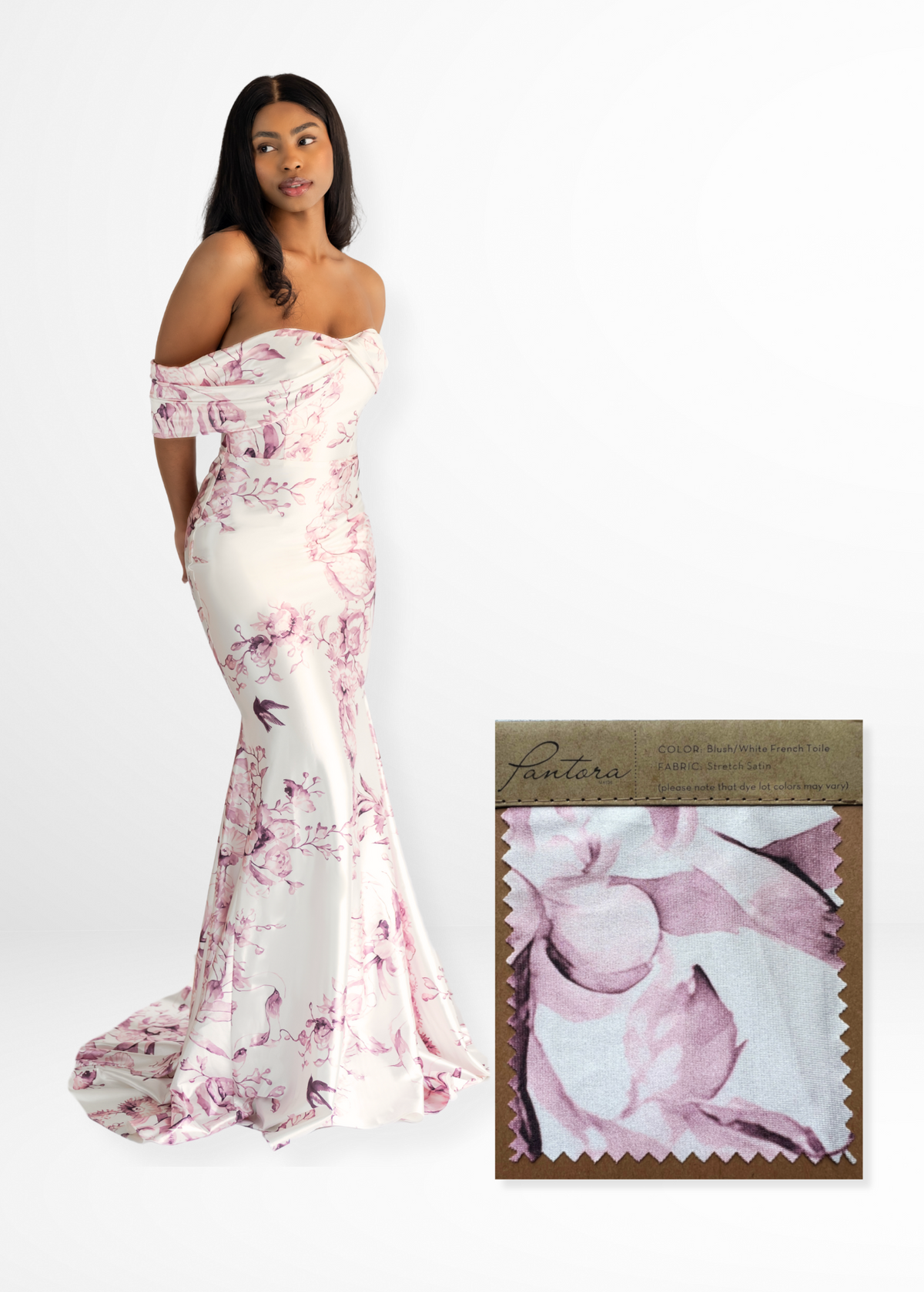Caela gown in Blush/White French Toile printed stretch satin with matching swatch