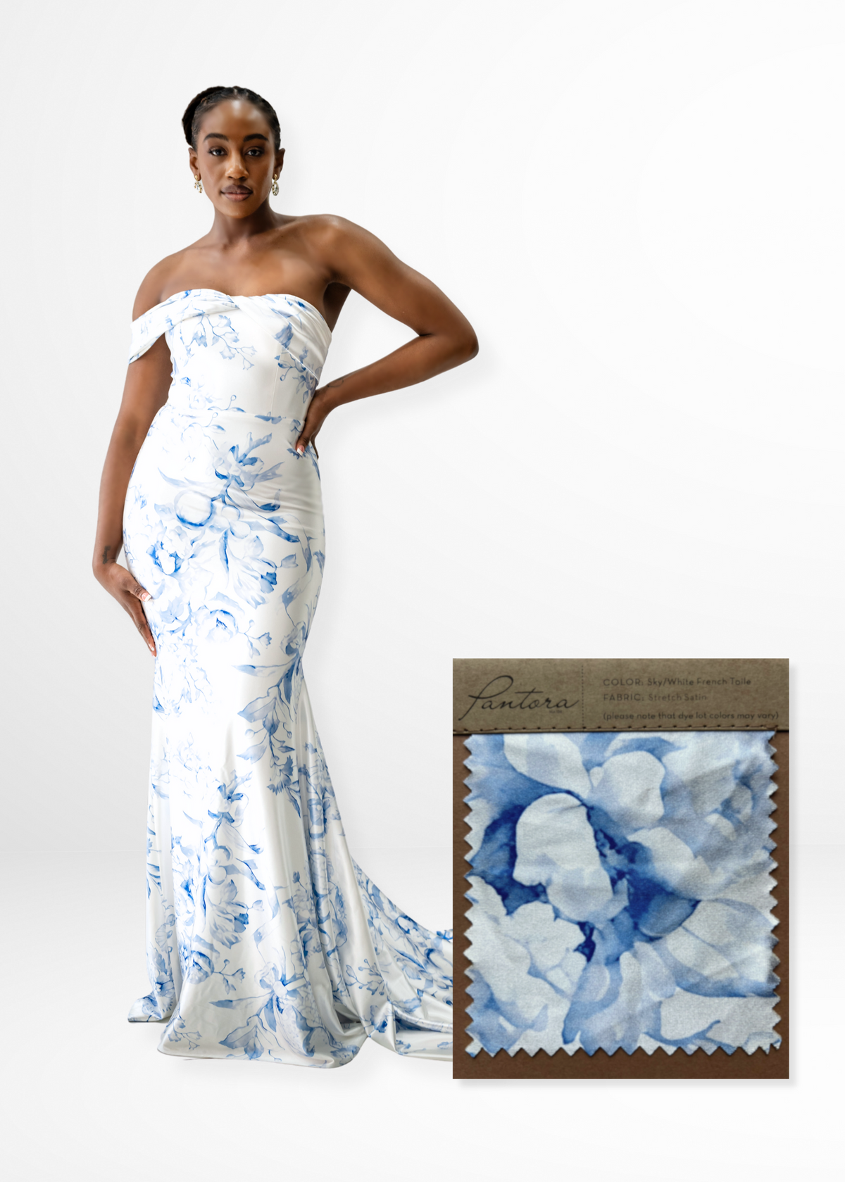 Caela gown in Sky/White French Toile printed stretch satin with matching swatch