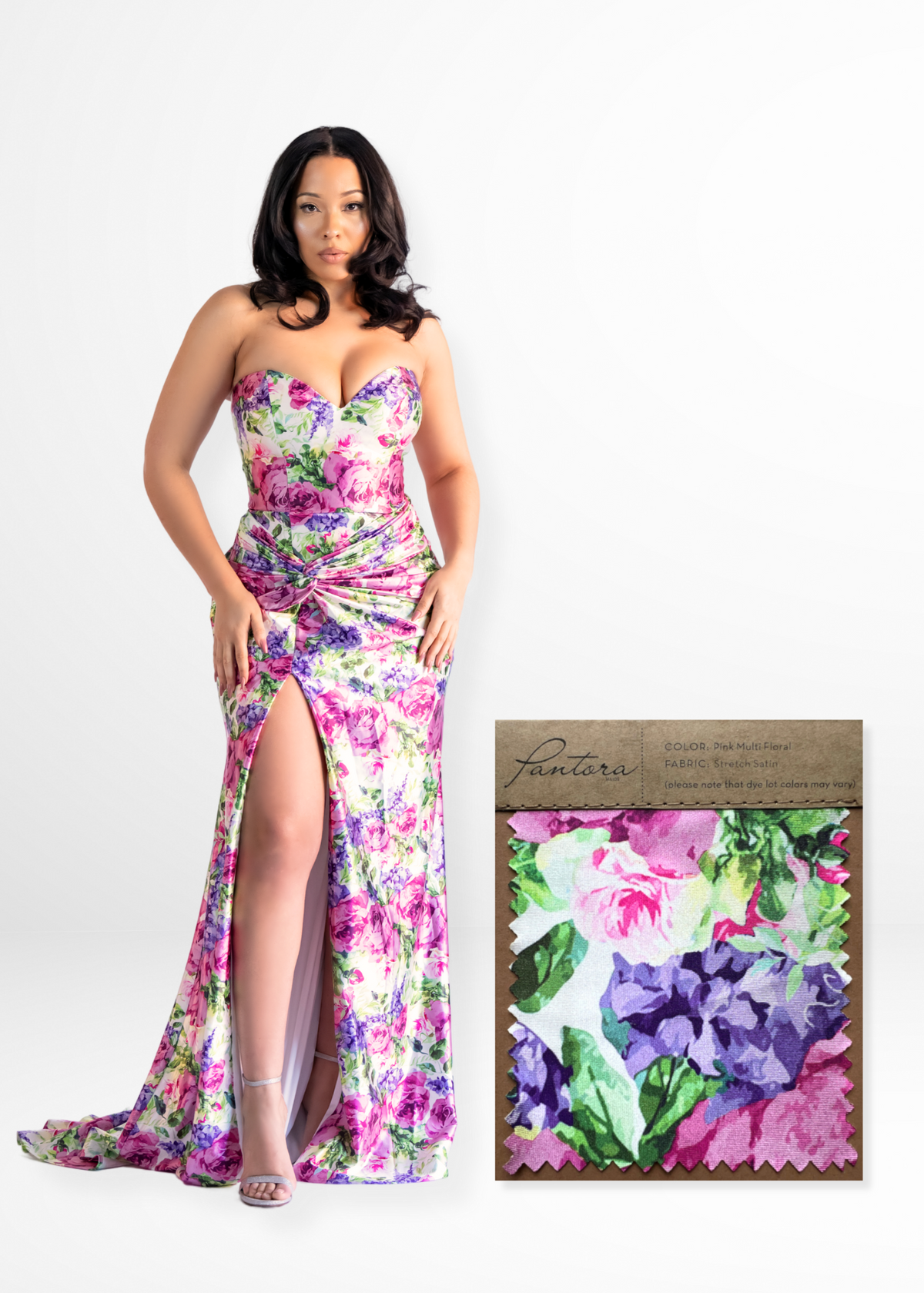 Castor gown in Pink Multi Floral printed stretch satin with matching swatch