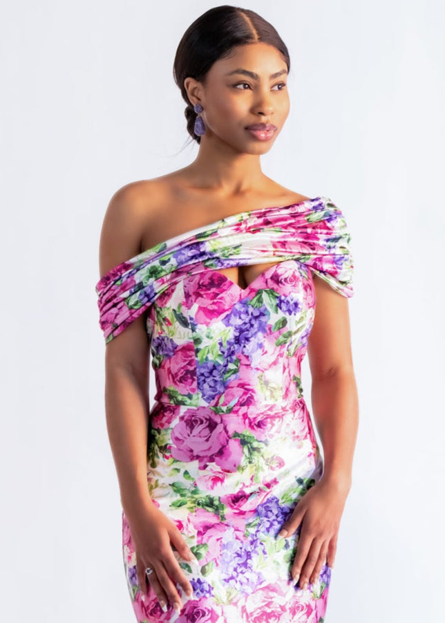 Floral print Bandeau Shawl wrapped off the shoulders over a matching dress