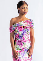 Floral print Bandeau Shawl wrapped off the shoulders over a matching dress