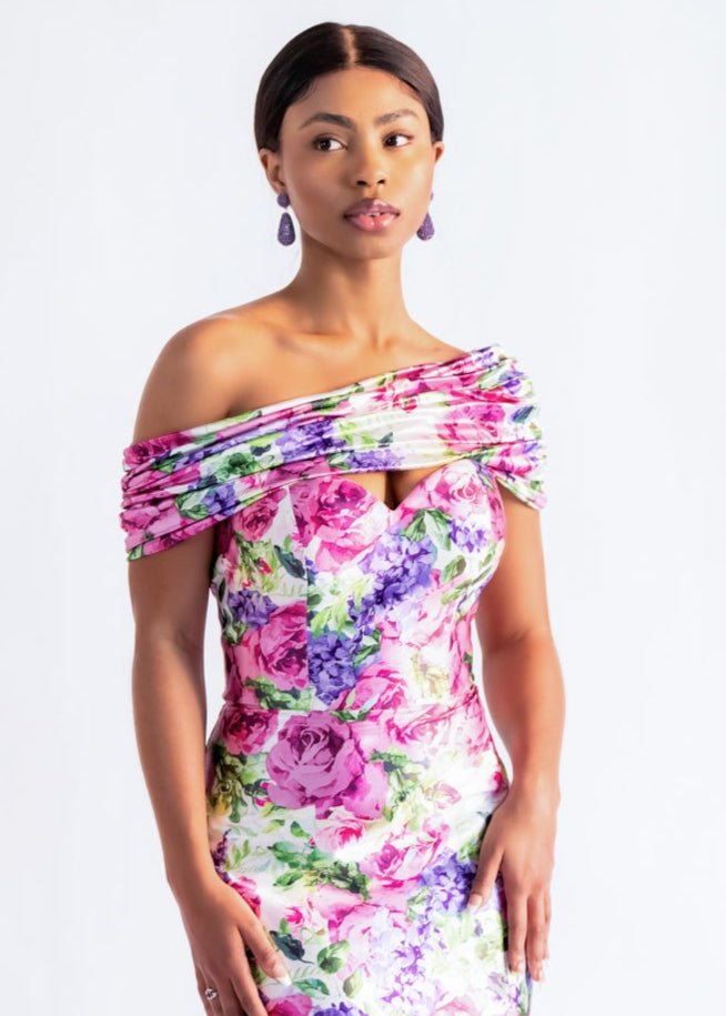 Bandeau Shawl in pink and purple floral print satin, worn off the shoulders