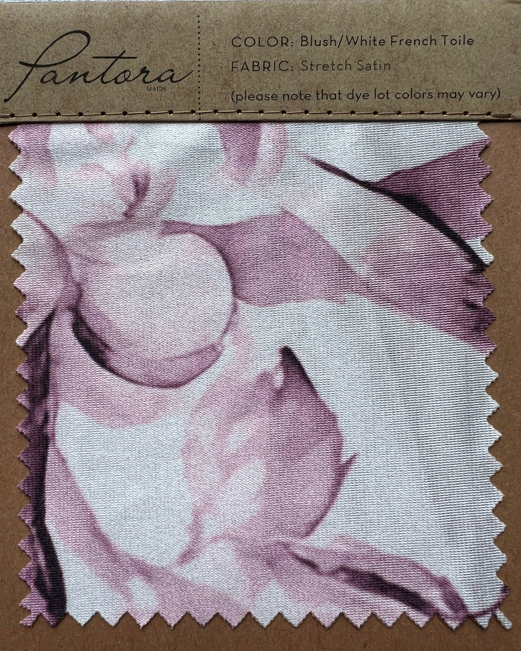 Printed stretch satin swatch in Blush/White French Toile