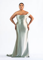 Elena sage green off-the-shoulder satin mermaid bridesmaid dress, front view