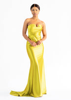 Plus size-friendly strapless satin bridesmaid dress in chartreuse with sweetheart neckline and floor-length draped skirt. shown on a black petite bridesmaid — Pantora Gemini style