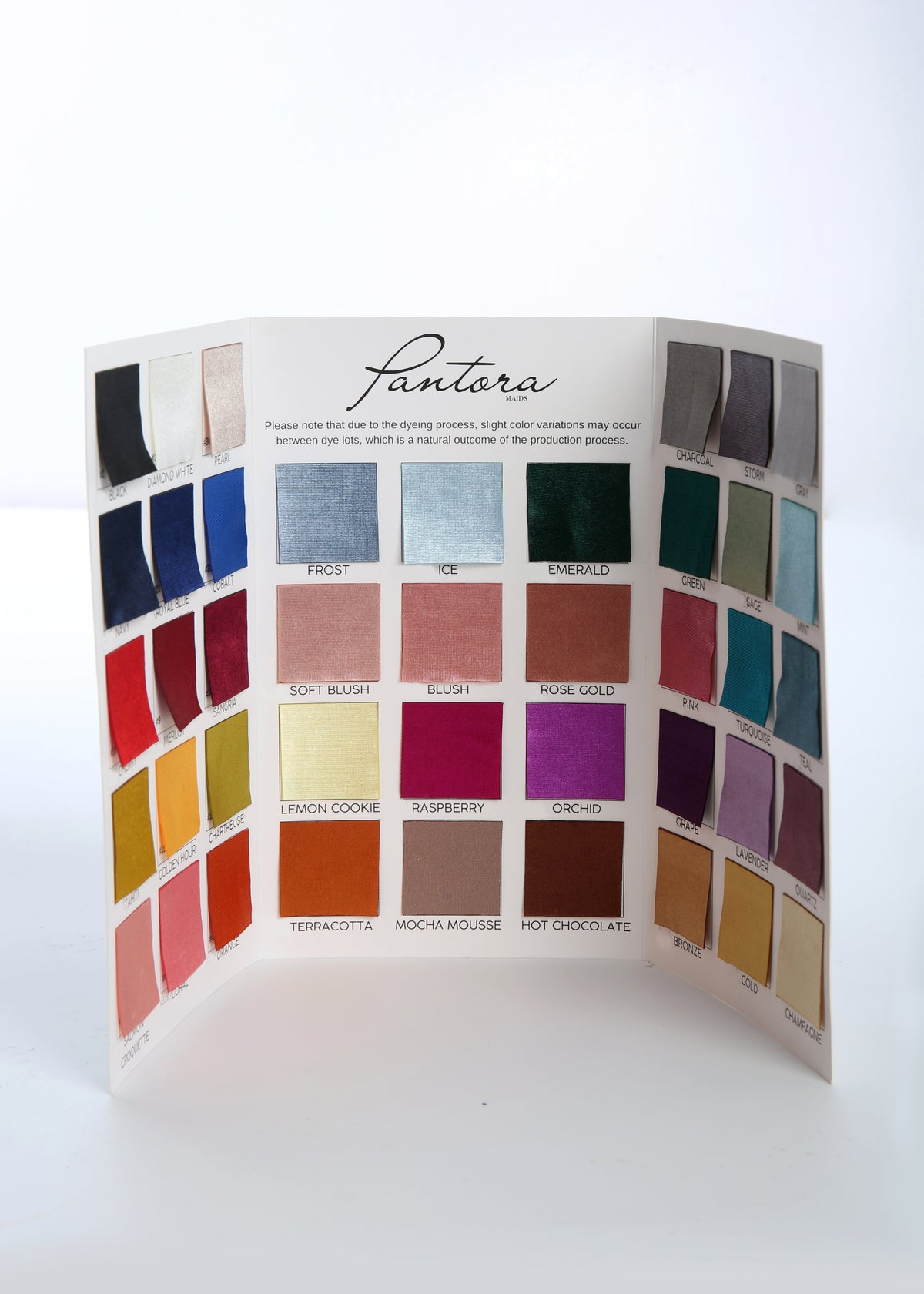 The Pantora Palette, a fold-out swatch book showing the full stretch satin color range