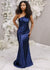 Full-length midnight navy gown with modern architectural detailing and fitted mermaid silhouette shown on a petite bridesmaid. Featuring stretch satin, this style is designed to flatter and complement all body types.
