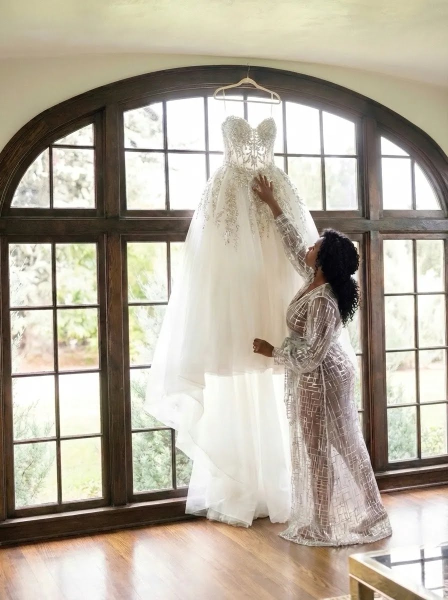 Bride getting ready on wedding day in robe with bling ballgown