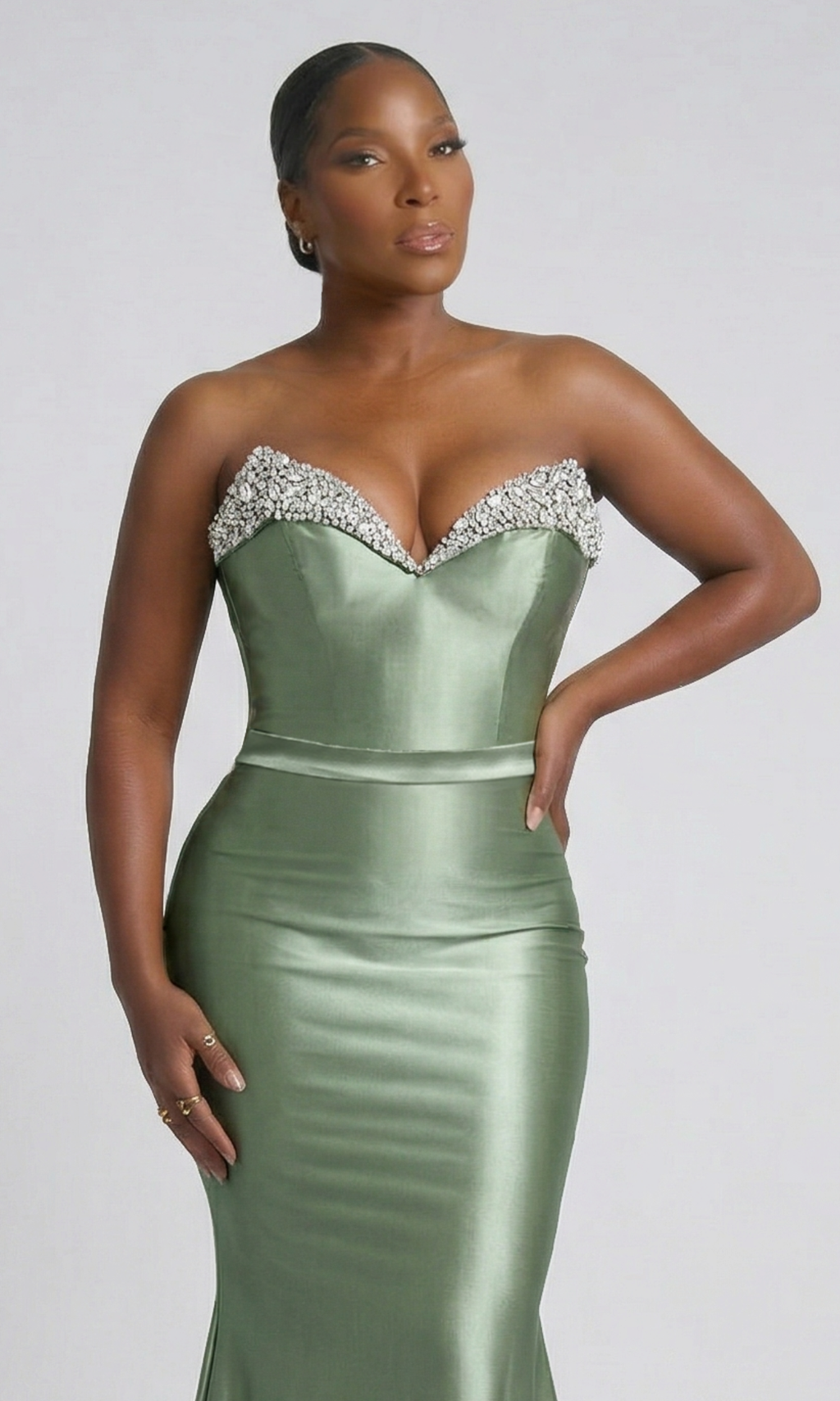 Jemma Top in sage satin, a strapless sweetheart corset top with a beaded neckline