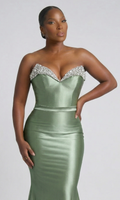 Jemma Top in sage satin, a strapless sweetheart corset top with a beaded neckline
