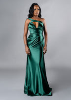 Sexy fitted stretch satin bridesmaid dress with one shoulder detailing, ruching, and keyhole neckline on curvy black model