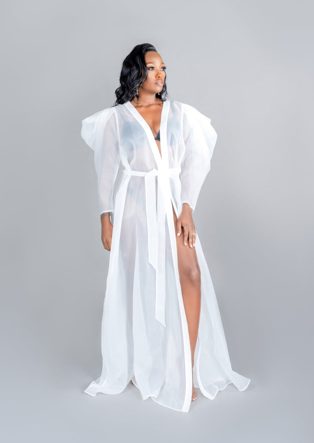 Tatum Long Sheer White Organza Bridal Robe with Tie Waist