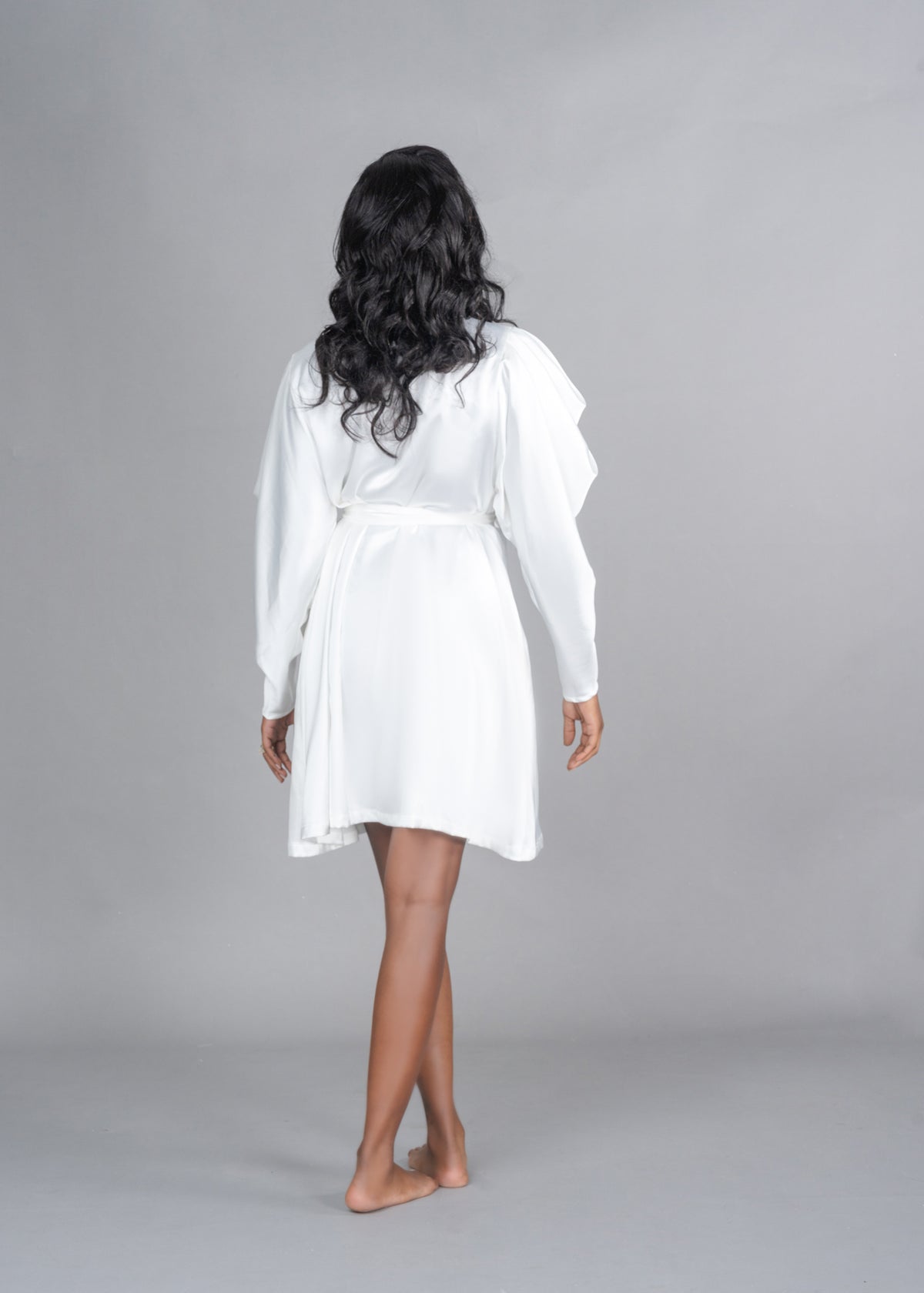 Black bride in satin knee length bridal robe with long sleeves and tie waist