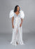 Black bride in lace floor length bridal robe with short ruffle sleeves and tie waist