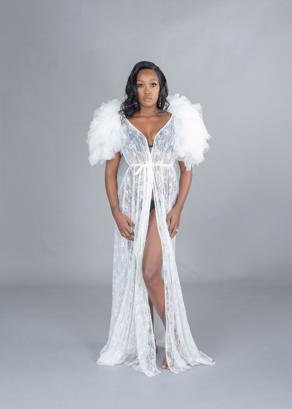Quinn Long White Lace Bridal Robe with Tie