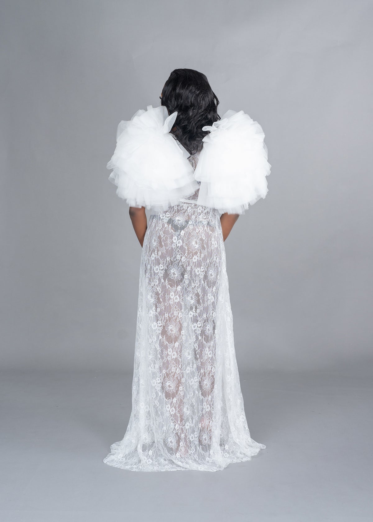 Black bride in lace floor length bridal robe with short sleeves, ruffle, and tie waist