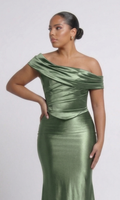 Noor Top in sage satin with a draped off-the-shoulder asymmetric neckline