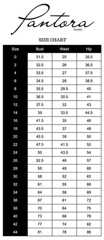 Pantora Maids size chart with bust, waist and hip measurements for sizes 0 to 44