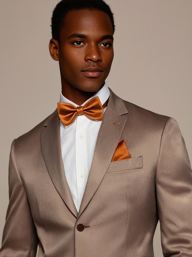 Groomsman in a tan suit wearing a copper stretch satin bow tie and pocket square