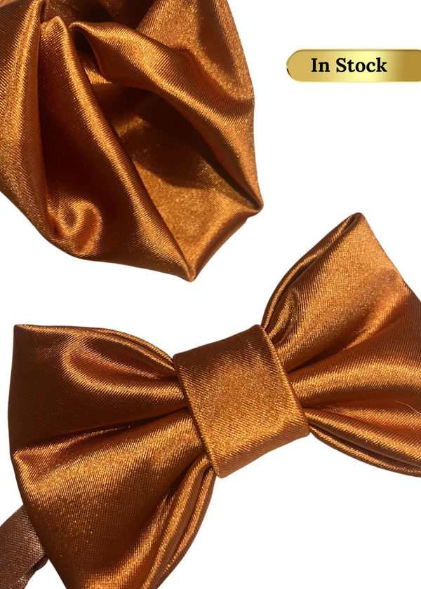 groomsmen matching bow tie and pocket square in terracotta,  matching bridesmaid color