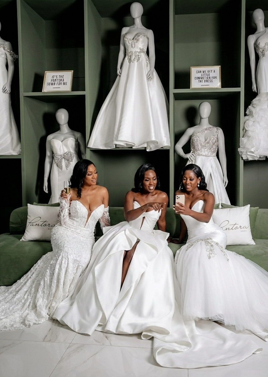 Three brides on a green sofa in the Pantora showroom
