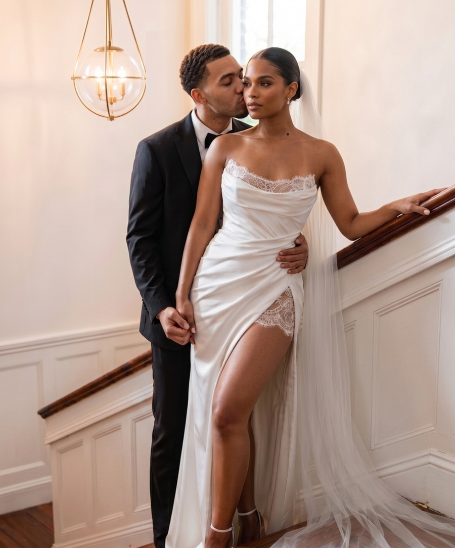 Bride and groom on a staircase