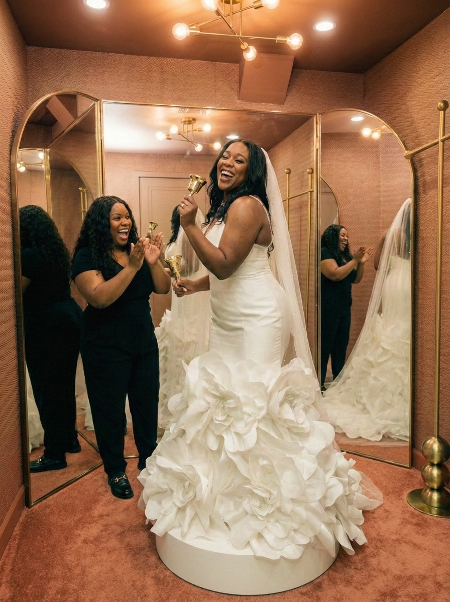 Laughing bride in a ruffled mermaid gown with her stylist in a Pantora fitting room
