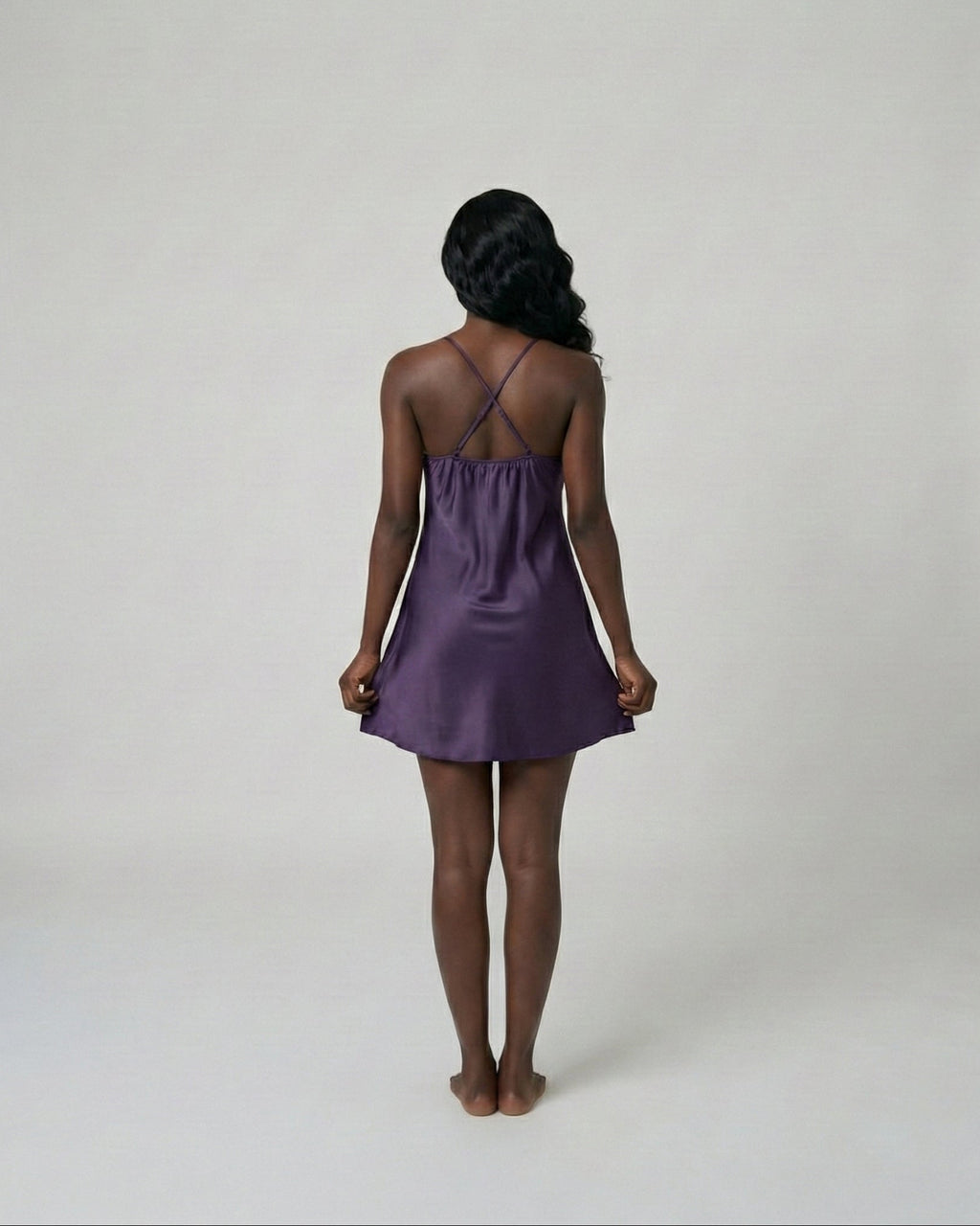 Purple satin Bridesmaid Nightie, back view showing the crossed straps