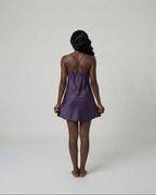Purple satin Bridesmaid Nightie, back view showing the crossed straps
