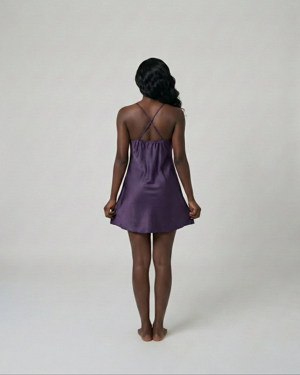 Purple satin Bridesmaid Nightie, back view showing the crossed straps
