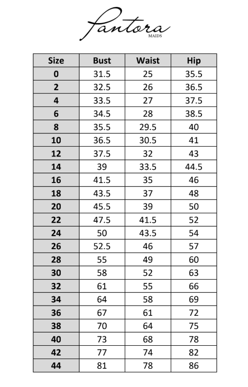 Pantora Maids bridesmaid dress size chart, sizes 0–44 in inches