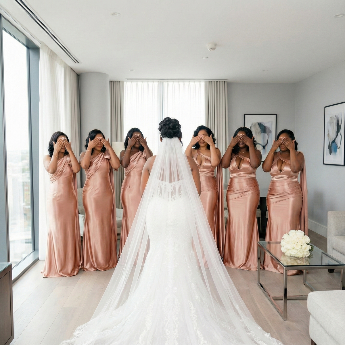 A bride with six bridesmaids in rose satin