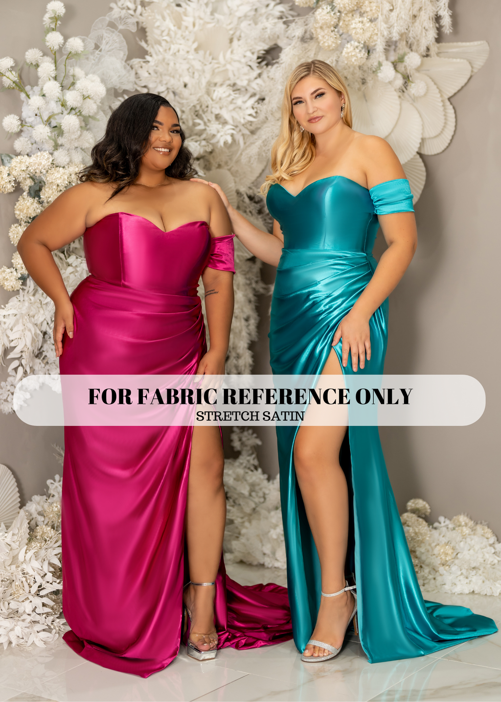 Fuchsia and teal stretch satin gowns shown for fabric color reference