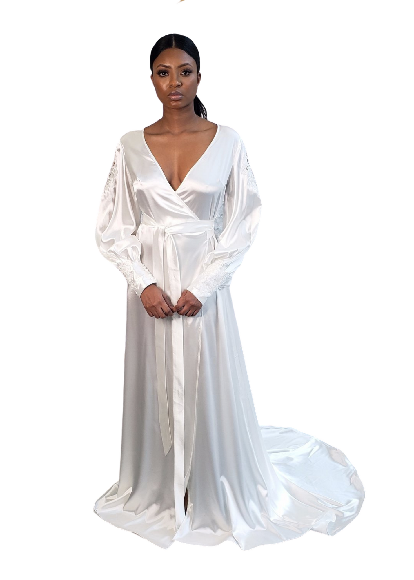 Eden White Long Satin Bridal Robe with Sleeves Pantora Bridal