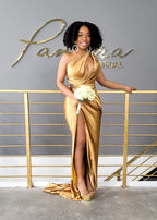Super sexy bridesmaid dress in stretch satin with keyhole, slit, one shoulder detailing, and ruching. Gold dress shown on a curvy petite black model