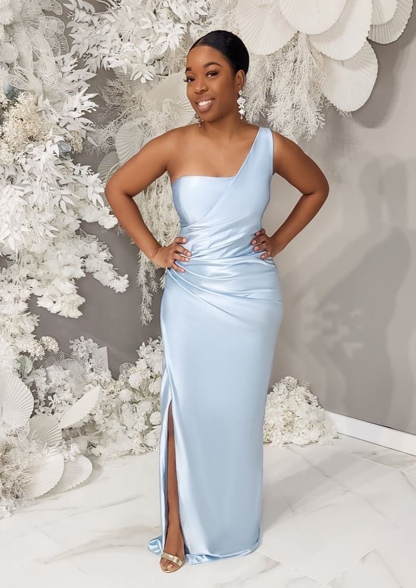 Alexis Draped One Shoulder Bridesmaid Dress with Slit Pantora Bridal Pantora Inc