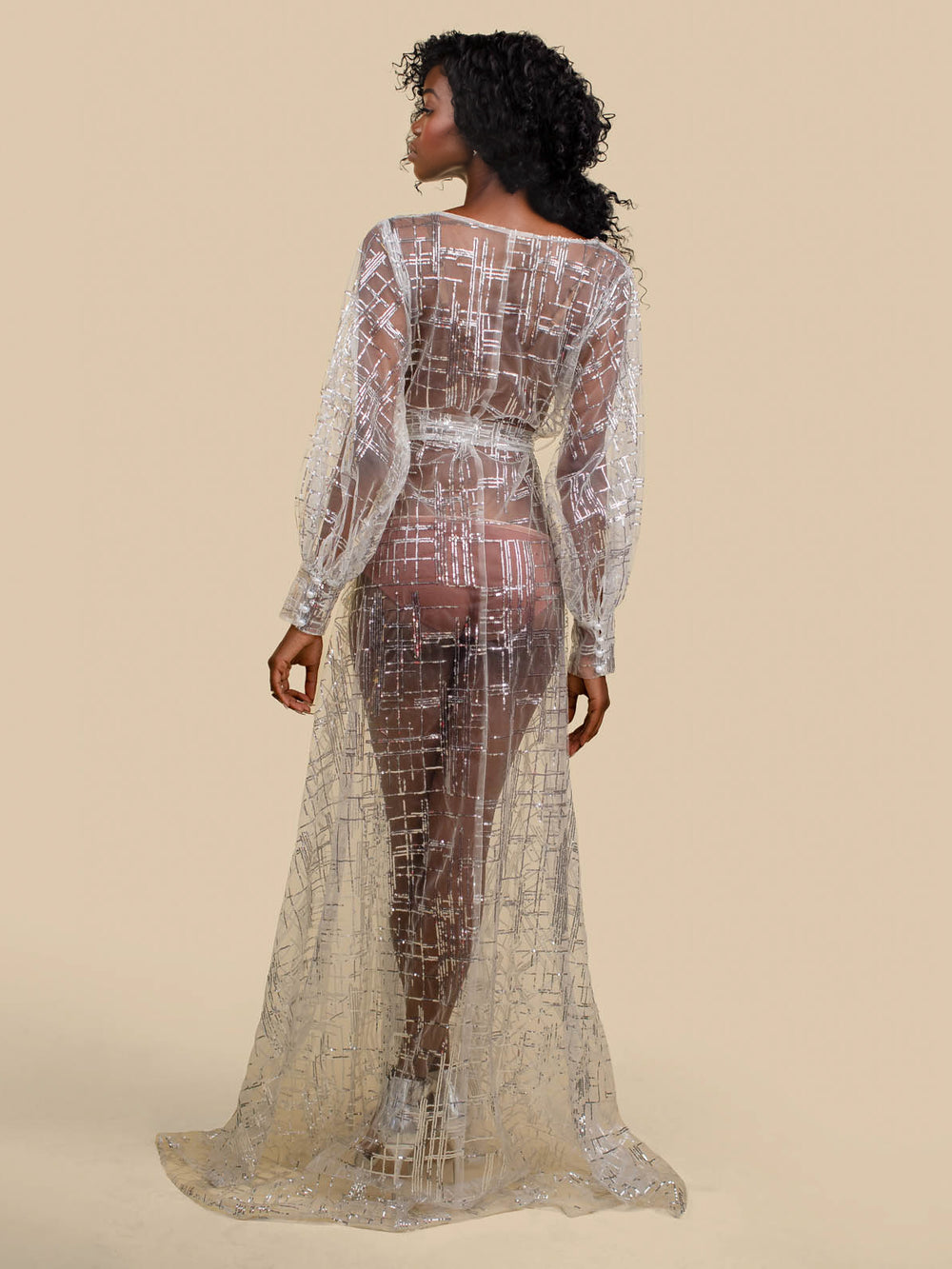 Taylor Sparkle Mesh Bridal Robe with Sweep Train