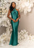 Bridesmaid wearing a classic fitted bridesmaid dress with open back and twisted halter neckline. Shown in emerald green on a black model.