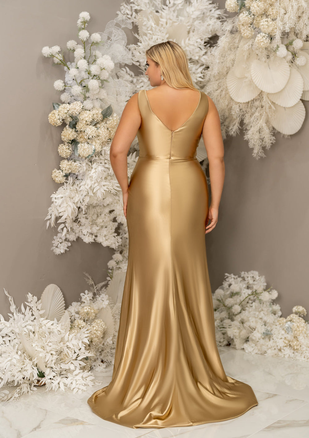 Halley Fitted V Neck Stretch Satin Bridesmaid Dress with Slit Halley Fitted V Neck Stretch Satin Bridesmaid Dress with Slit