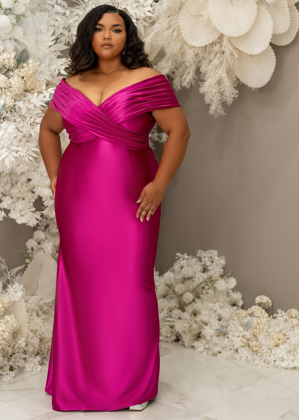 Morgan Off the Shoulder Stretch Satin Bridesmaid Dress