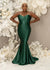 Plus size black bridesmaid wearing a sexy strapless emerald green mermaid bridesmaid dress with stretch to flaunt curves