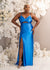 Sexy fitted stretch satin bridesmaid dress with  spaghetti straps and twisted keyhole bodice with criss cross back shown on plus size black model in beautiful blue