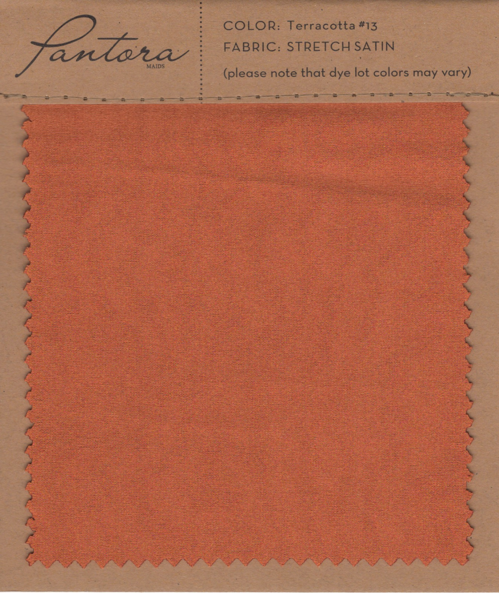 Terracotta stretch satin fabric swatch for Pantora Maids bridesmaid dresses